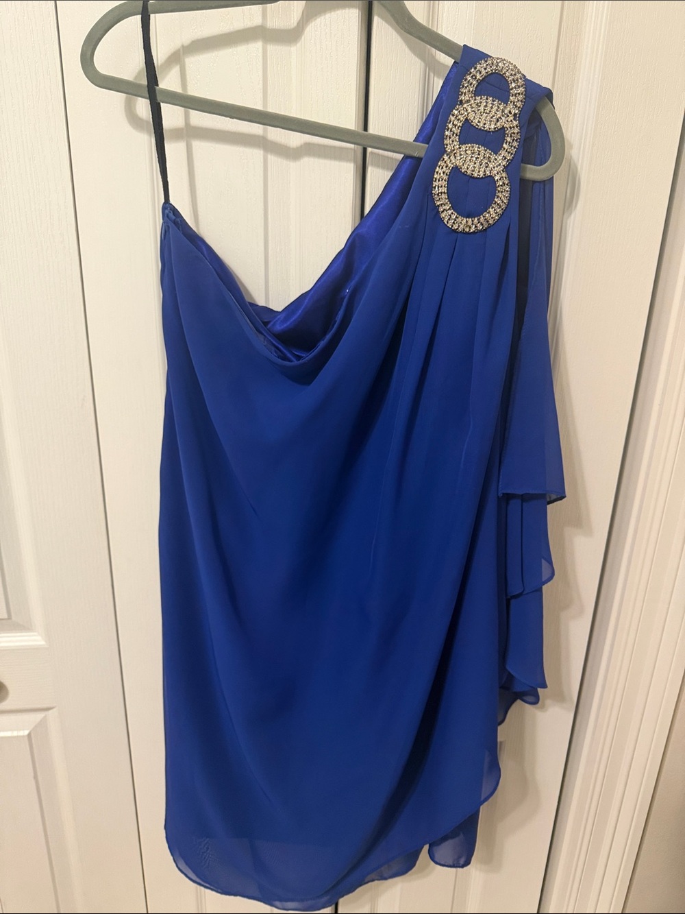 One-Shoulder Royal Blue Evening Dress with Rhinestone Shoulder Detail